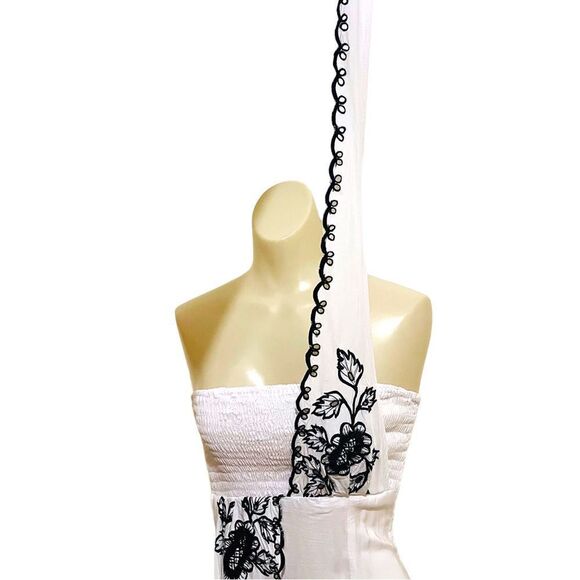 Bali Chic White Black Embroidery Smocked Tube Tie Halter Top Dress - Picture 11 of 15